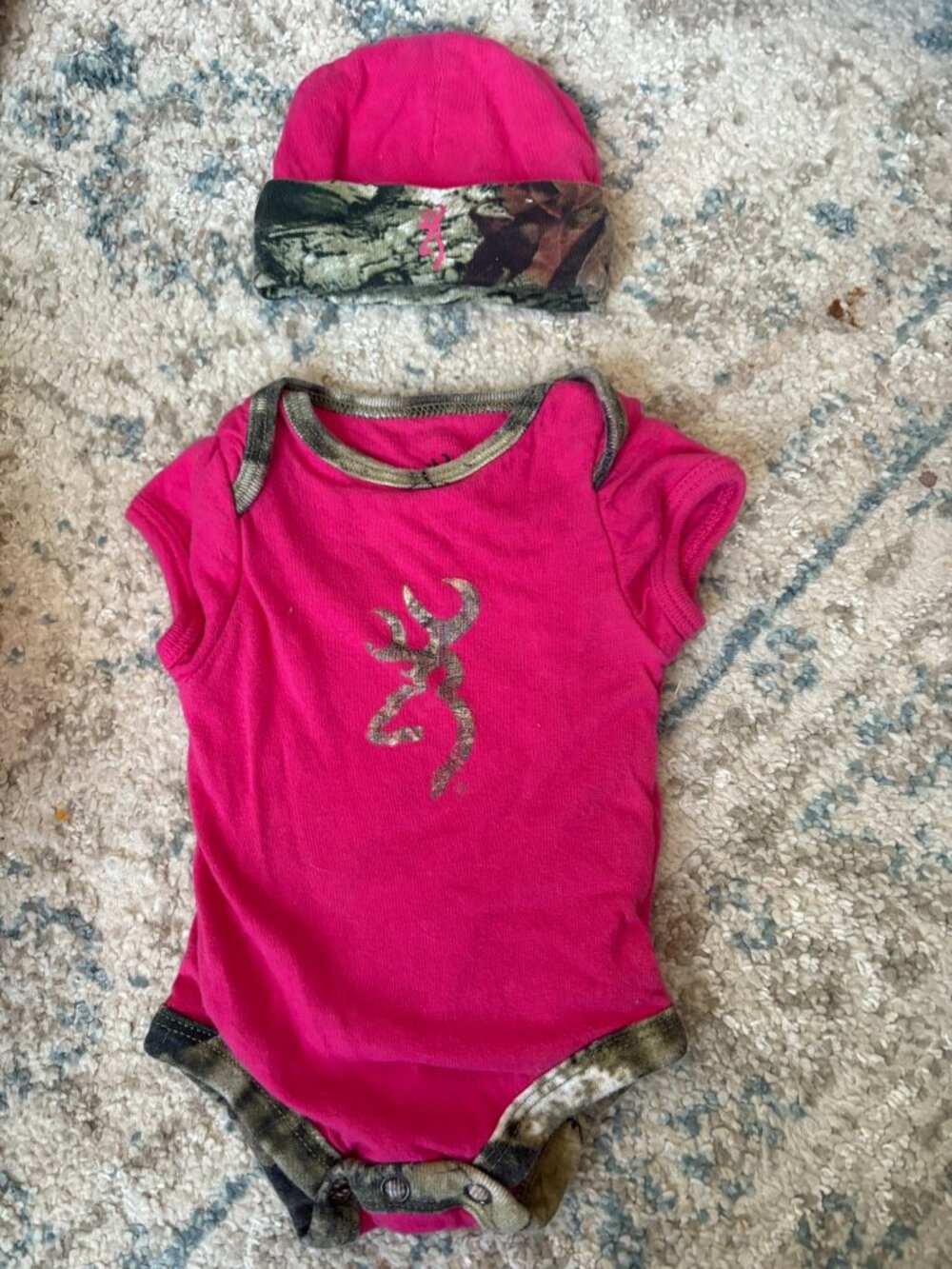 Browning Baby Girl Pink Camo Bodysuit & Hat Set Newborn Months Deer Logo